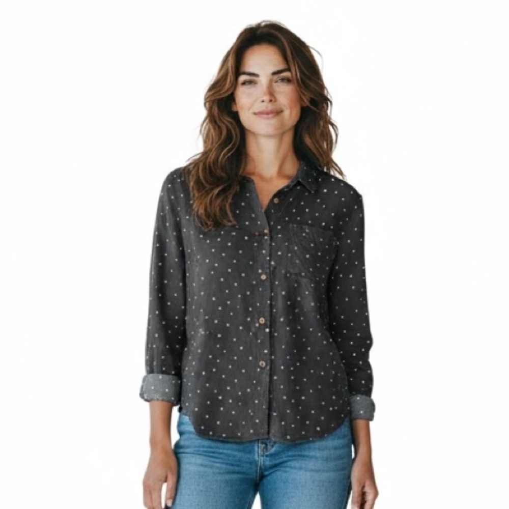 MARINE LAYER button up shirt dark grey white star print patriotic July 4th top